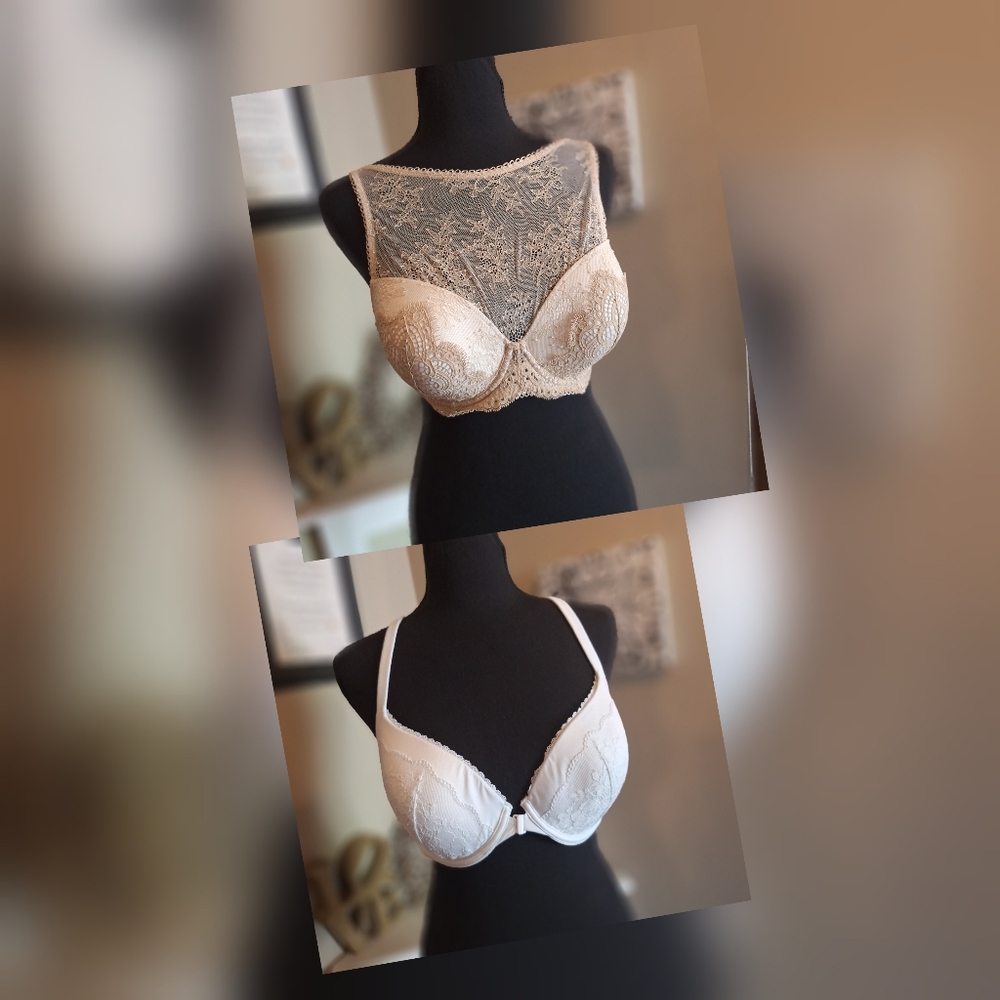 VS Elegant Lace Women's Bra Set - White and Tan 34 DD